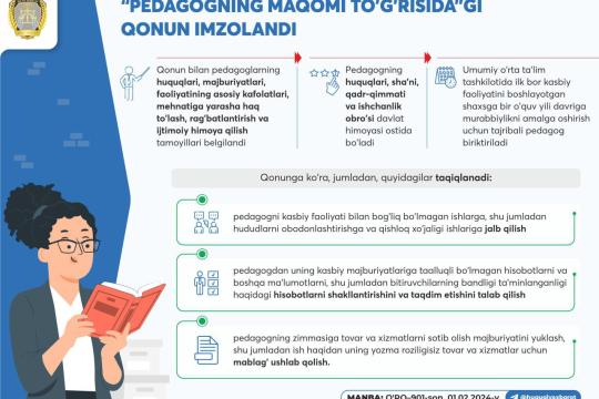 “Pedagogning maqomi to'g'risida”gi Qonun imzolandi