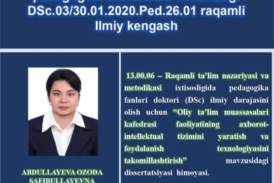 ABDULLAYEVA OZODA SAFIBULLAYEVNA  Texnik tizimlarda axborot texnologiyalari kafedrasi professori